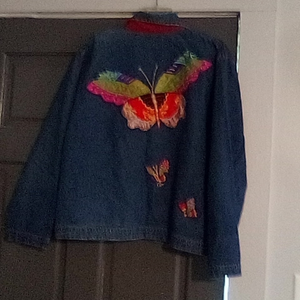 Take two ladies jean jacket. Size medium.  butterflies on front and back - Picture 2 of 4